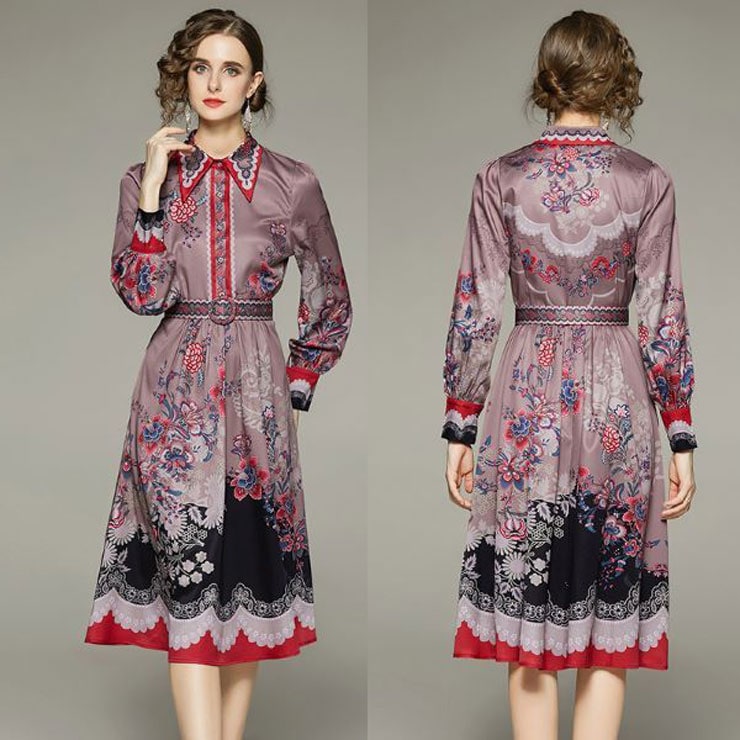 【5,913円クーポン利用で 9/20まで】 モダンフラワーワンピ―ス ワンピース 入園式 ワンピ　結婚式 二次会 入学式 大人 上品 卒業式 OL レディース ミディアム丈 長袖 花柄 秋 冬