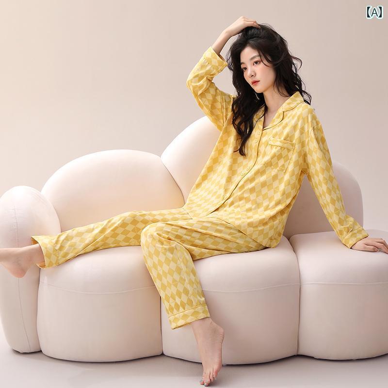 パジャマ　レディース　上下 女性用 パジャマ 春秋 スタイル 綿 2024年 チェック 柄 長袖 ホームウェア 春 黄色 大きいサイズ 着用 可能 スーツ