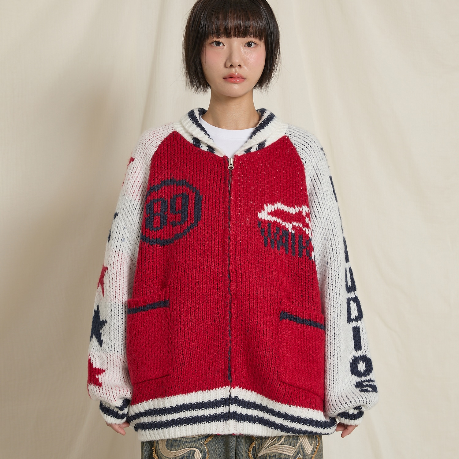 Dolphin Star Logo Zip-up Heavy Cardigan RED