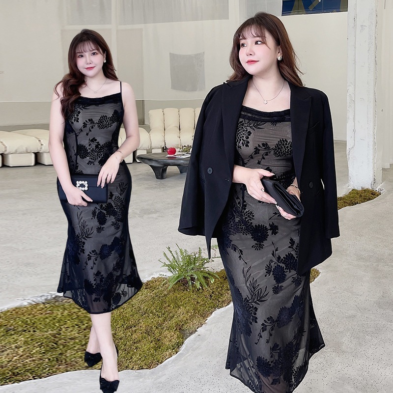 大型サスペンダードレスレディースファットキャットメッシュバーントフラワーレースサスペンダーフィッシュ 母の日-0009605