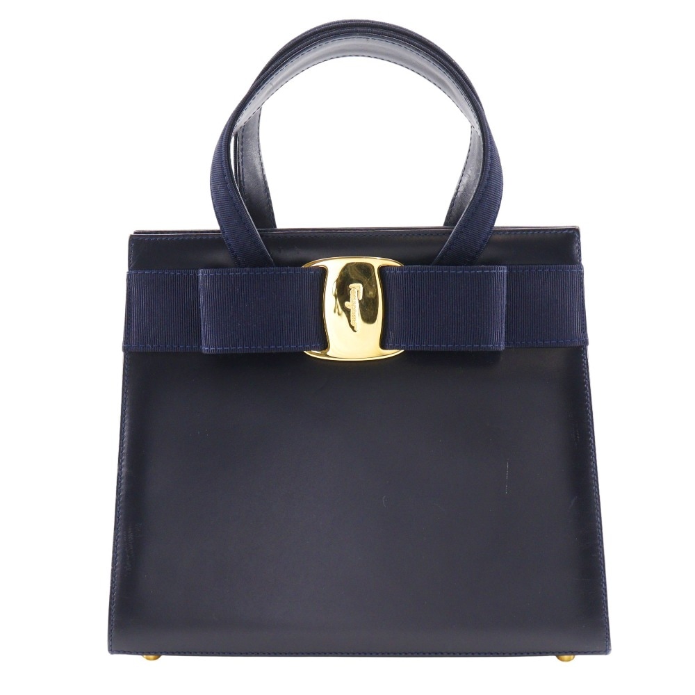 Salvatore Ferragamo サルヴァトーレフェラガモ ヴァラリボン BA21-4178 ハンドバッグ レザー 紺 レディース 中古品