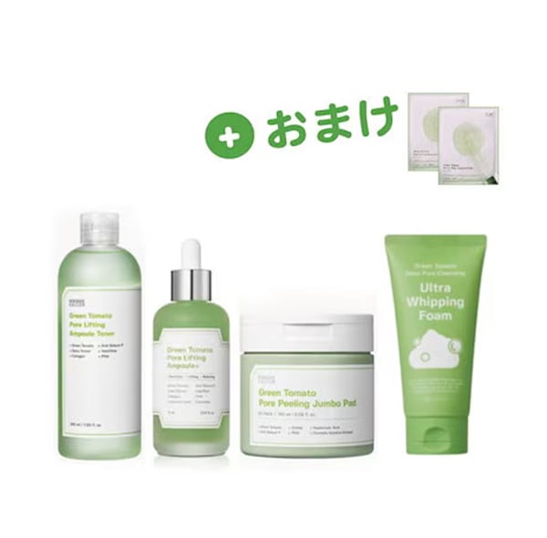 [企画4点セット] グリーントマトポアリフティングアンプルプラス 75ml + トナー 350ml + グリーントマトボアピーリングパッド 60枚 + ディープフォア クレンジング ホイップフォーム