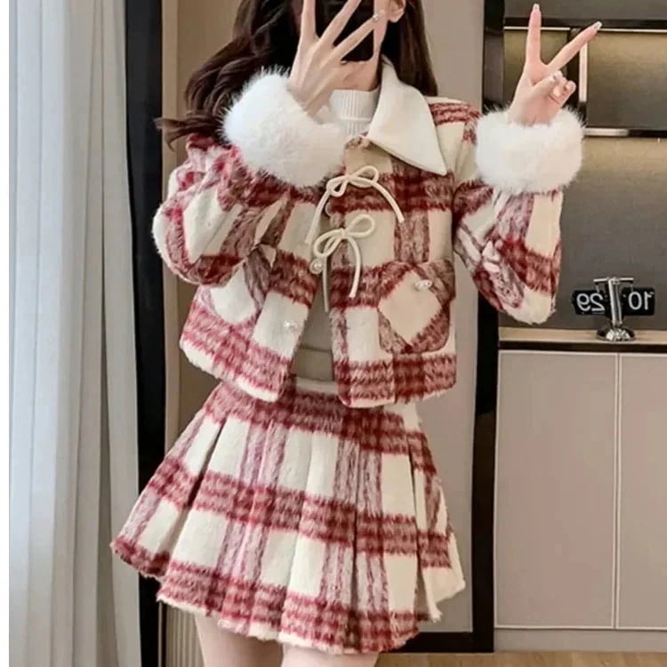 25大人気急速発送無料クリスマス毛ツイードコートハイウエスト半身スカートチェック柄ファッションスーツ