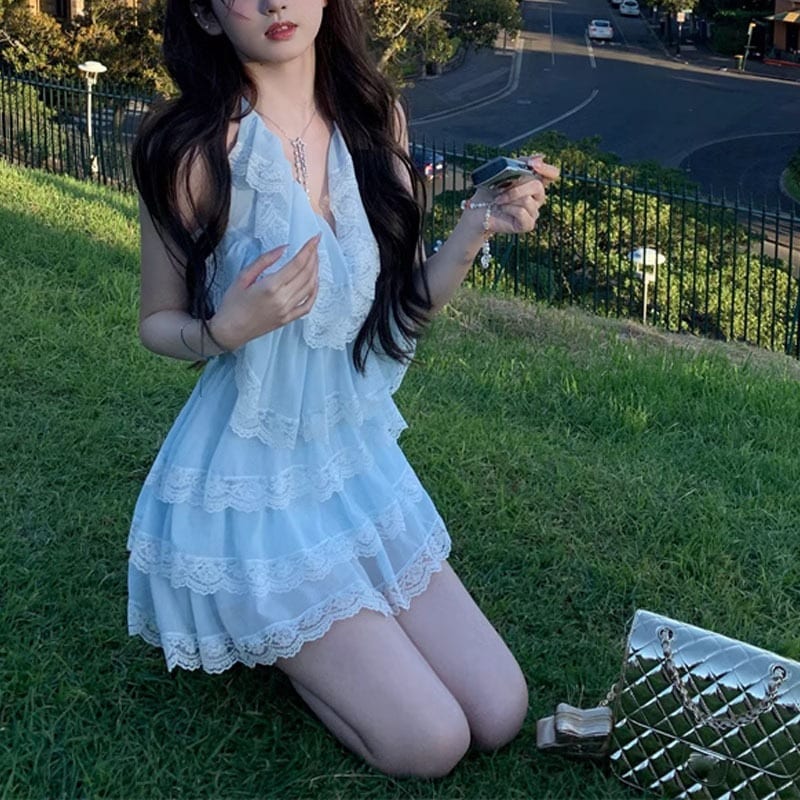 真夏の恋バイカラーワンピースレディースホルターネックロングスカート～2024春夏新作リゾート風シフォンスカート