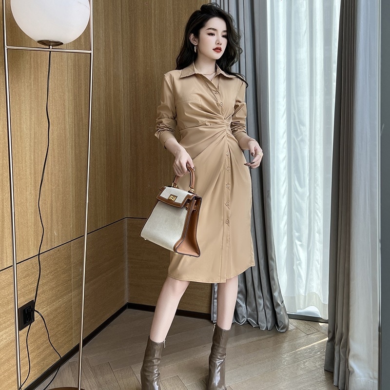 【Fellow 20％割】【JY.上品】 シャツワンピース 大人 秋 通勤 スリット 皺デザイン レディース ワンピース フォーマル パーティー キャバ 4,996円