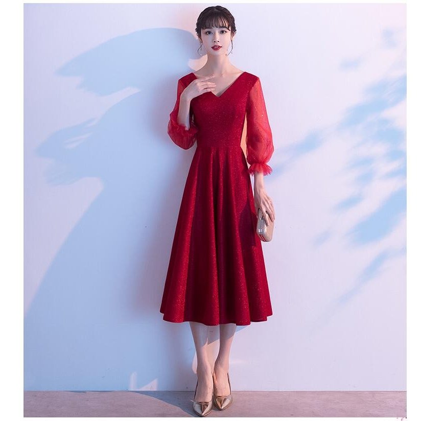 結婚式ワンピース パーティードレス 袖あり ミモレドレス 大きいサイズ ウエディングドレス フォーマ