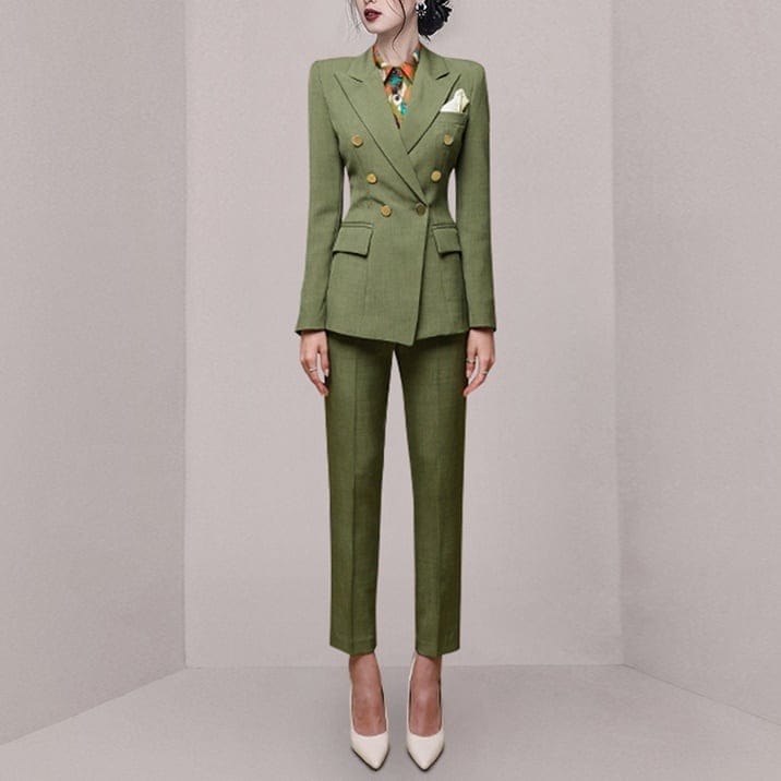 セットアップ ジャケット 上着 スーツ ロング ロング丈 袖あり 長袖 スラックス ボタン装飾 ヴィンテージ風 センタープレス スリム アンクルパンツ タイト 上下セット 2点セット lsu0036