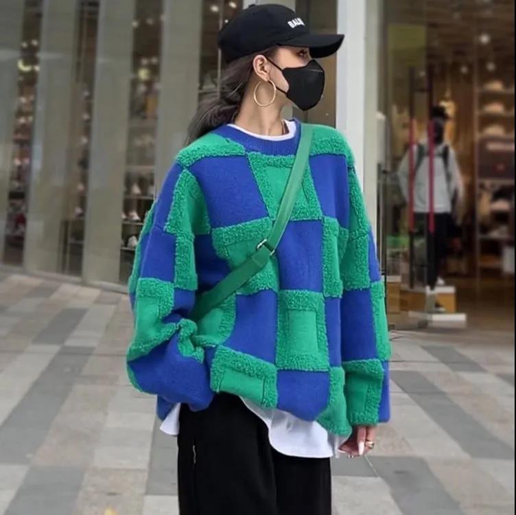 ブロックチャック柄 ニット セーター トップス ミディアム丈 袖あり 長袖 ドロップショルダー 萌袖 ラウンドネック 襟なし リブ リブニット かわいい 大人可愛い カジュアル 大人 おしゃれ お洒落