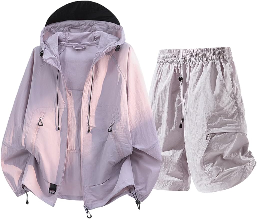 上下セット ラッシュガード メンズ 夏服 男女兼用 長袖 ショーパン [UVカット＆UPF50＋]フード付き ポケット付き 冷感 無地 通気 カジュアル シンプル オシャレ 大きいサイズ