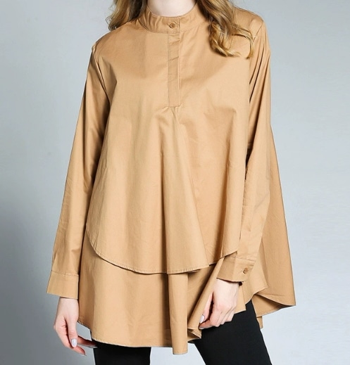 レディース トップス シャツ プルオーバー ミドル丈 長袖 スタンドカラー 裾ワイド プリーツ フリル 異国風 切り替えデザイン 大人可愛い きれいめ カジュアル 上品 おしゃれ かっこいい こなれ感