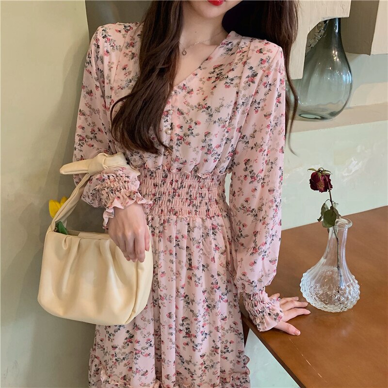 2色 ワンピース 長袖 春 かわいい ロング フレア フレアスカート ロング ロング丈 ボリューム袖 Vネック 襟なし セミフレア ウエストマーク ハイウエスト ウエストゴム 色 4,932円