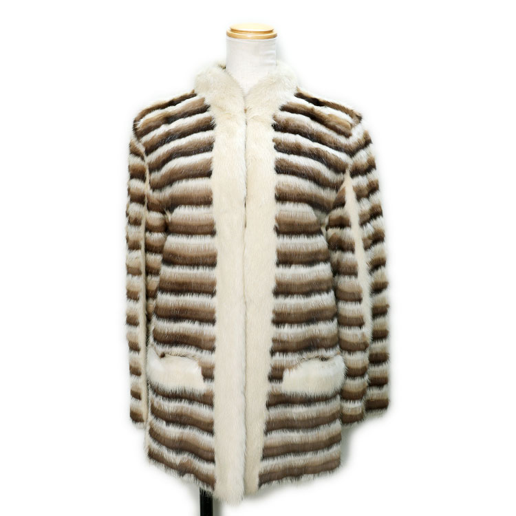 ミンク ファー ジャケット ボーダー ベージュ ブラウン系 サファイア パステル フリーサイズ 送料無料 レディース ギフト プレゼント