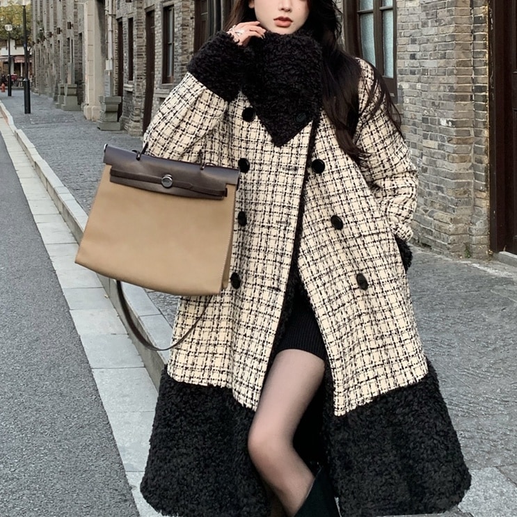 アウター レディース ロングコート ロング丈 S M L 韓国 長袖 ハイネック ダボっと オーバーサイズ ダブルブレスト ツイード生地 ボア きれいめ 大人 上品 お洒落 レトロ 大人女子 こなれ感