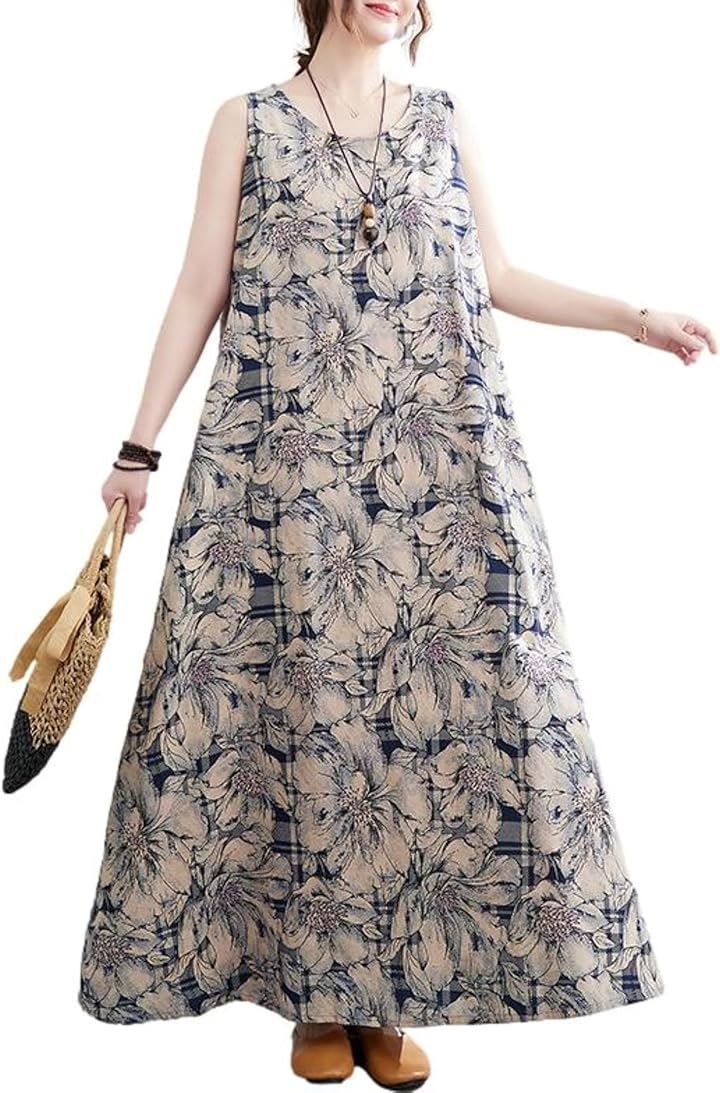 ワンピース レディース ロング ノースリーブ フラワープリント シック Aライン サマードレス 綿混 ふんわり おしゃれ きちんと感 ヘルシー 裏地なし 高見え 軽い(ネイビー, L)