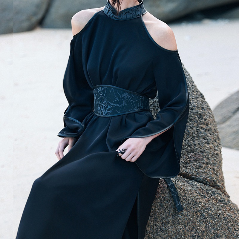 チャイナ風ワンピース ロング スリットワンピース 長袖 黒 デコルテ パーティードレス 喇叭スリーブ 腰巻 エレガント セクシー