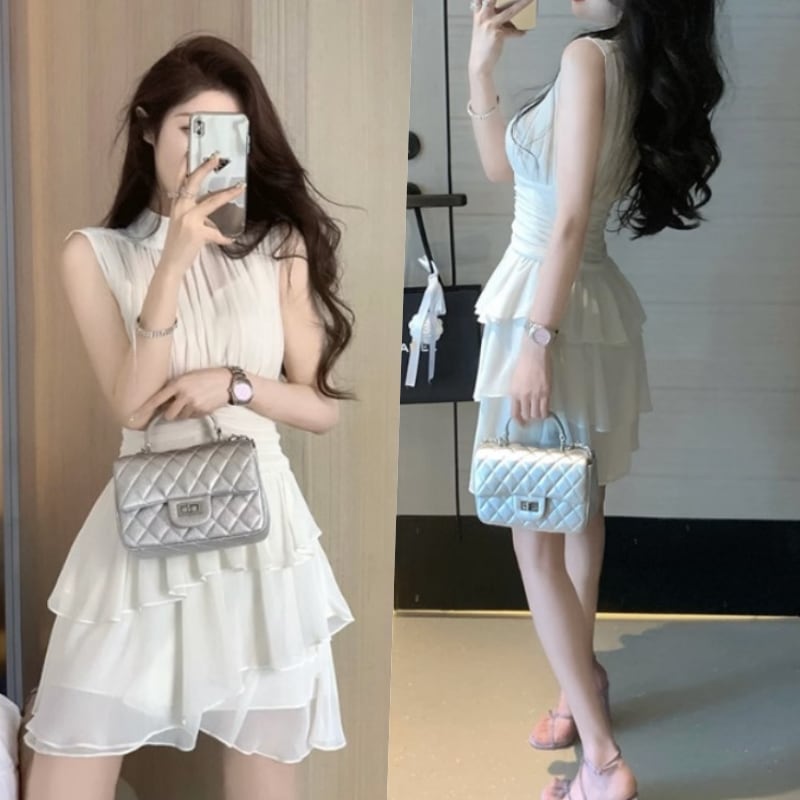 ワンピース ドレス レディース ワンピドレス フレア ハイネック 透け感 シースルー 上品 ミニ丈 Aライン 袖なし ノースリーブ レイヤード ハイウエスト 色っぽい セクシー 大人っぽい