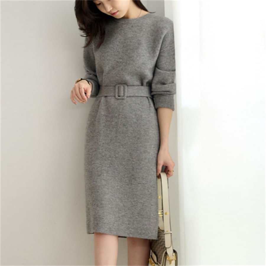 新入荷 ワンピース 2色 ひざ丈 袖あり 長袖 クルーネック Aライン フレア ベルト ニット 可愛い 大人可愛い きれいめ シンプル カジュアル コンサバ 華やか 大人 上品 おしゃれ お洒落