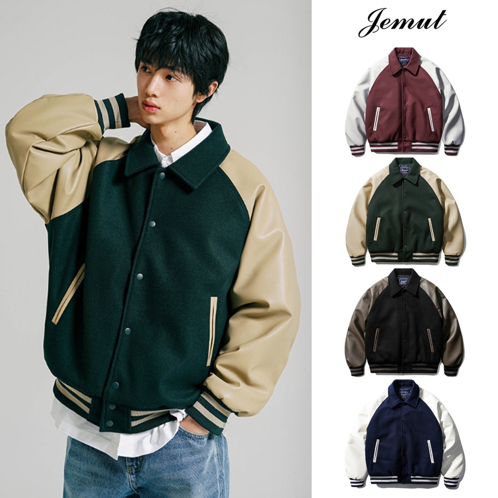 [JEMUT] Leather Raglan Varcity Jacket