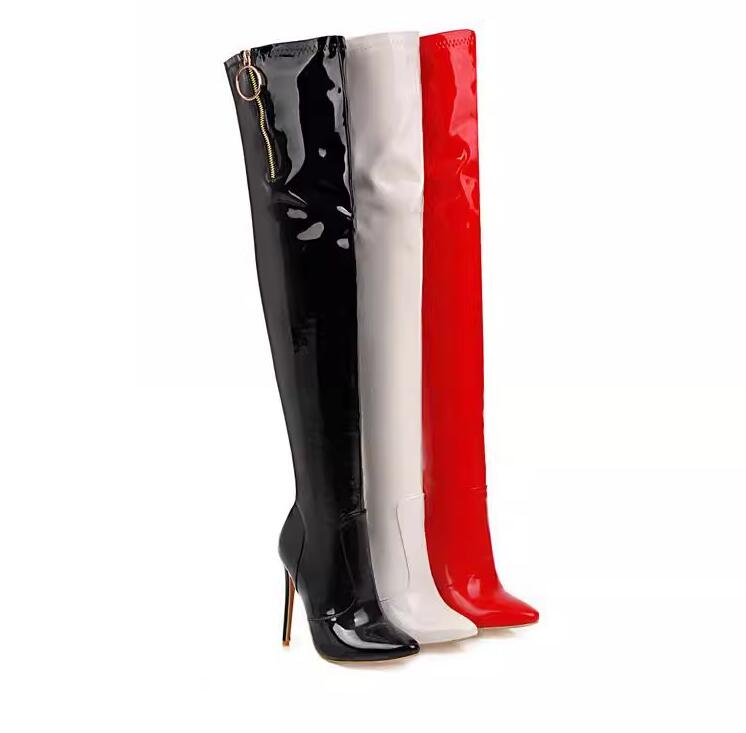 レア商品レディースブーツ　ニーハイブーツ　エナメル　11.5センチ　超ハイヒール　光沢　ロング丈　秋冬　春秋　サイハイブーツ　大きいサイズ　小さいサイズ　ピンヒール　スーパーロングブーツ ダンス　舞台