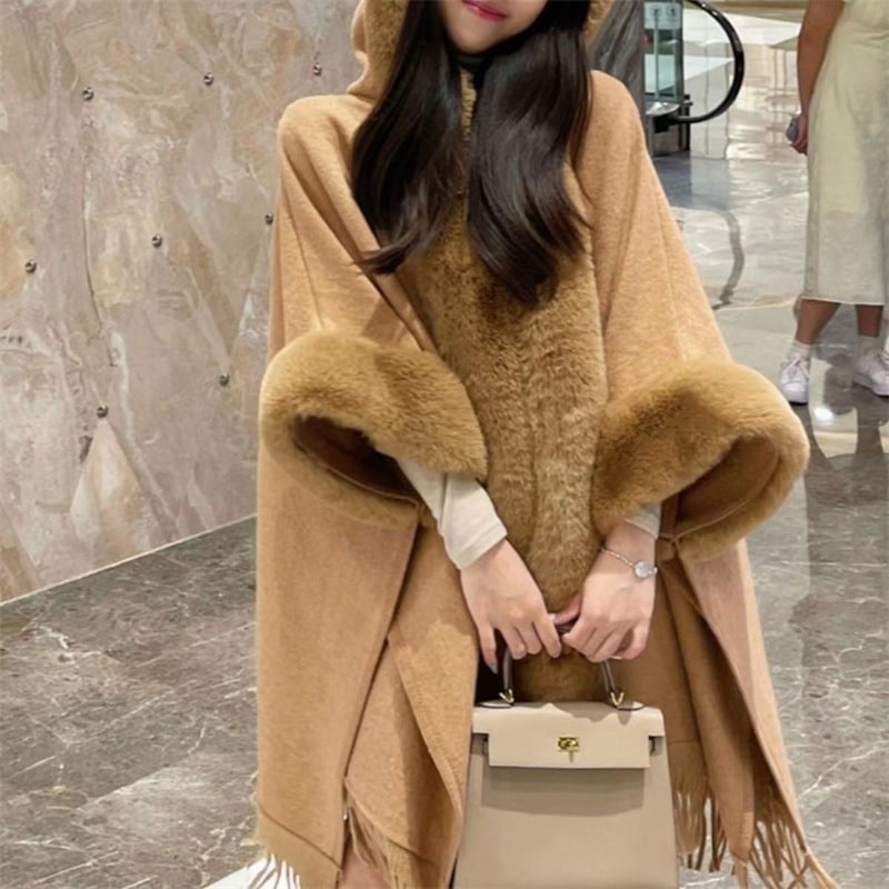 ライブブロードキャストホットのフェアリースタイルルーズファーカラーフード付きタッセルニットショールマント暖かいジャケット女性用