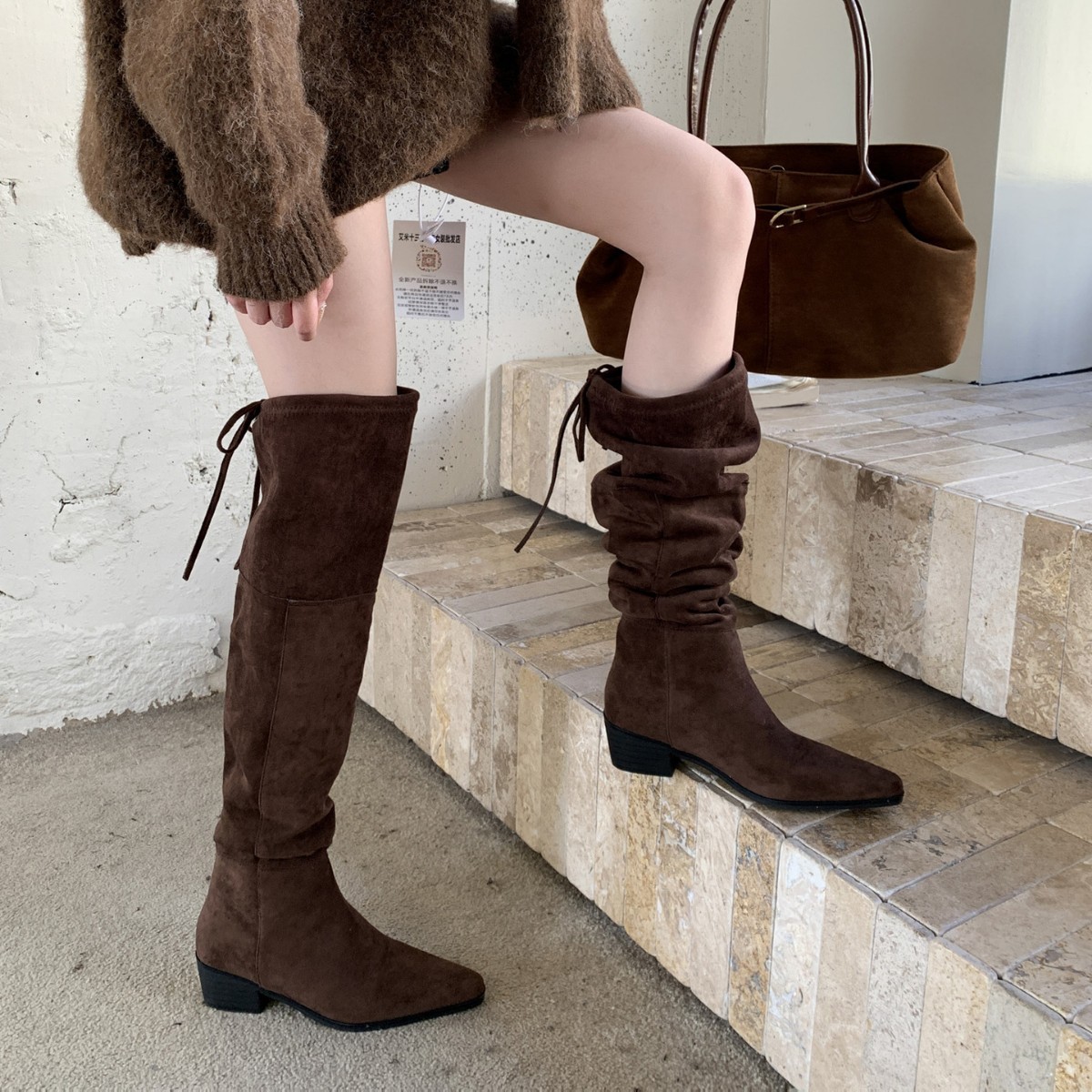11 2024秋と冬の新しい多用途のスエードスキニーブーツオーバーニーブーツ厚いかかとのミッドヒールパイル低下女性のハイブーツ r n1001- Flyb1638-3黑色 r n1002- Fl