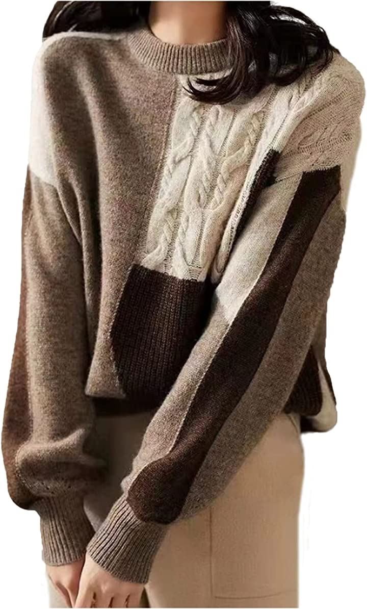 配色ニット セーター レディース トップス 長袖 クルーネック(ブラウン, L)