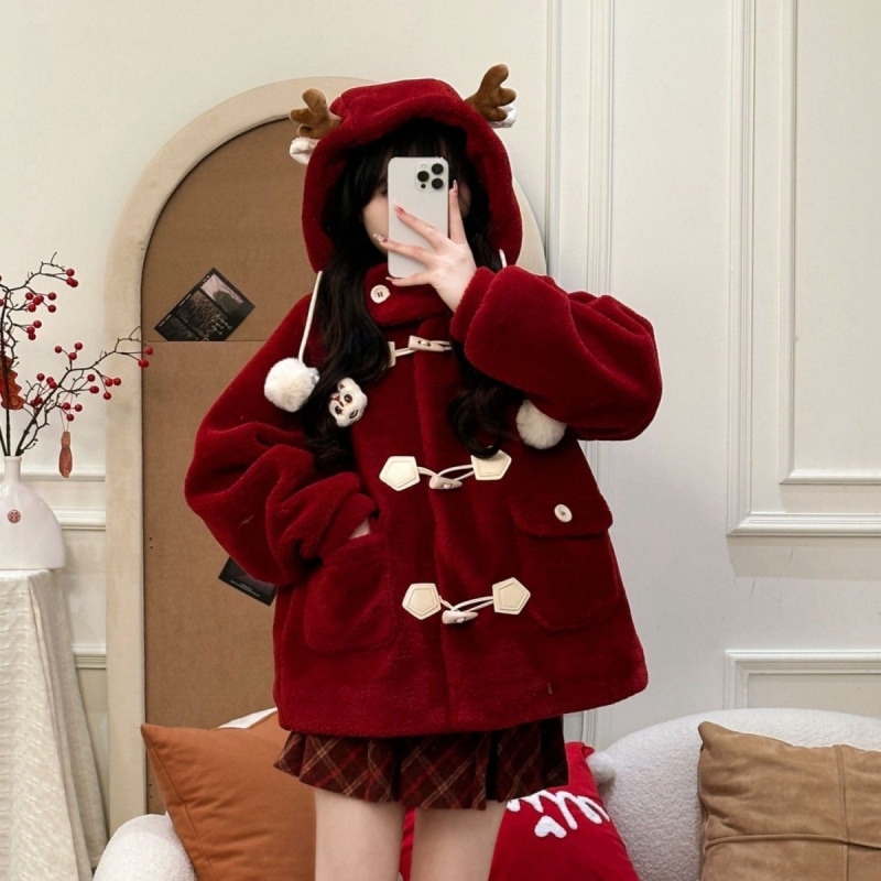 プラッシュジャケットレッドアトモスフィアカレッジファーリールーズスウェットシャツ