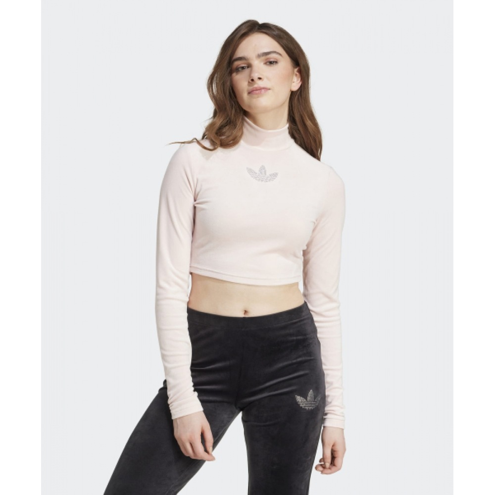 アディダスラインストーントレフォイルベルベット長袖クロップトップ-サンディピンク/IX9591