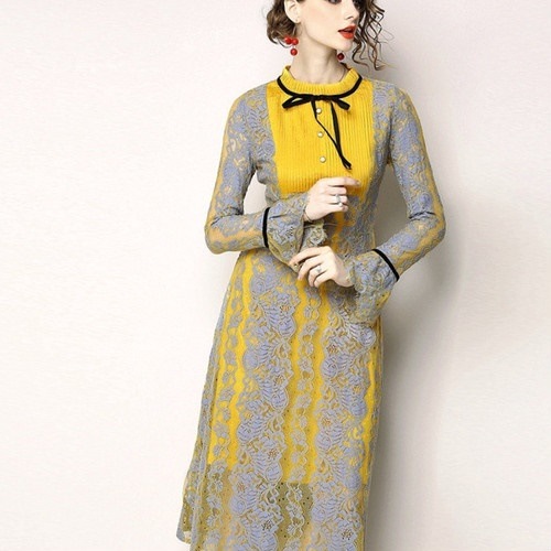 1895.シースルーレースワンピース 2019 春夏 sale 春夏 sale ドレス 花柄 フレア Uネック 長袖 ロング丈 エレガント お呼ばれ パーティー 結婚式 披露宴 二次会 女子会 レスト