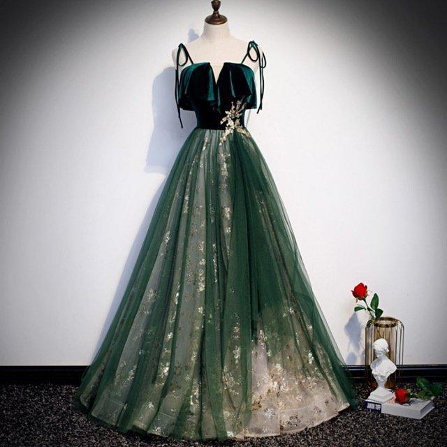 【即納】ロングドレス 演奏会 ベロア ベルベット イブニングドレス 緑 グリーン 高級 スパンコール 演奏会ドレス 発表会ドレス キャミ チュール 20代