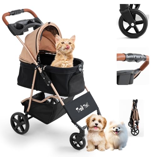 ペットカート 犬用ベビーカー 小型犬 一体型 折り畳み イヌバギーミニ 4輪タイプ 組み立て簡単 猫犬兼用 宠物推车 ドッグ 旅行 スタイリッシュゴールド レザーハンドル 軽量 6kg コンパクト ワ