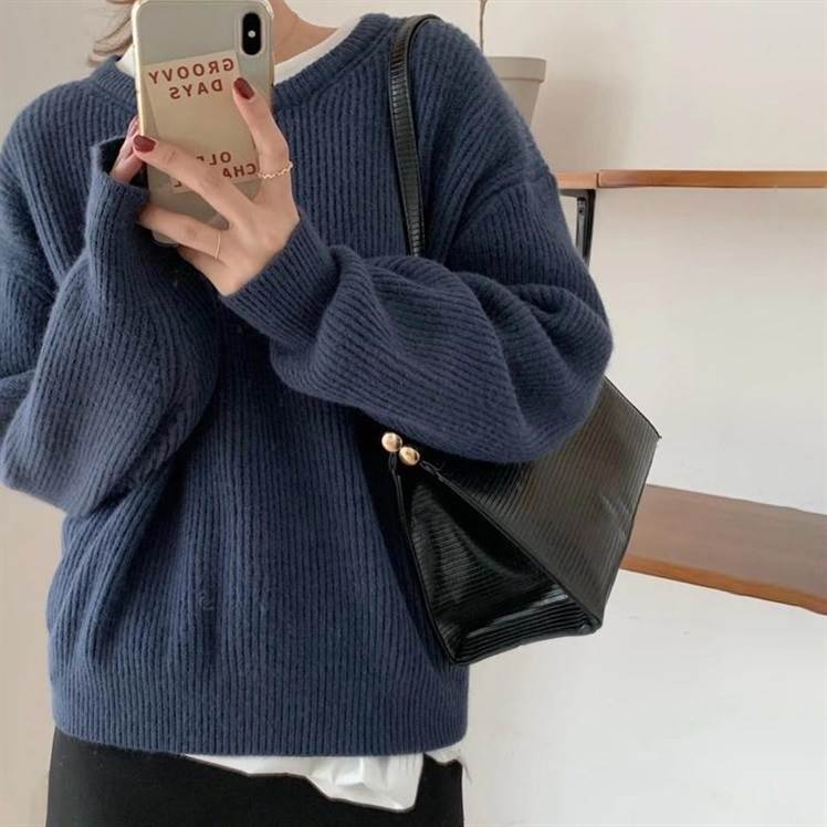 ラウンドネック リブニット セーター レディース トップス ニット プルオーバー 長袖 ドロップショルダー 襟なし かわいい 大人可愛い きれいめ シンプル カジュアル おしゃれ こなれ感 ルーズ 無