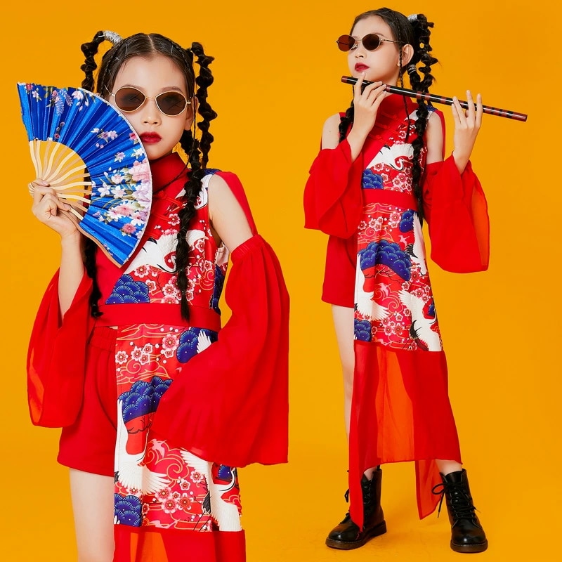 発表会 120-170 普段着 練習着 jazz 演出衣装 ステージ おしゃれ ダンスウエア ヒップポップ 鶴プリント チアダンス 学園祭 チャイナ服 中華風 子ども 上下セット キッズ 女の子 イベ