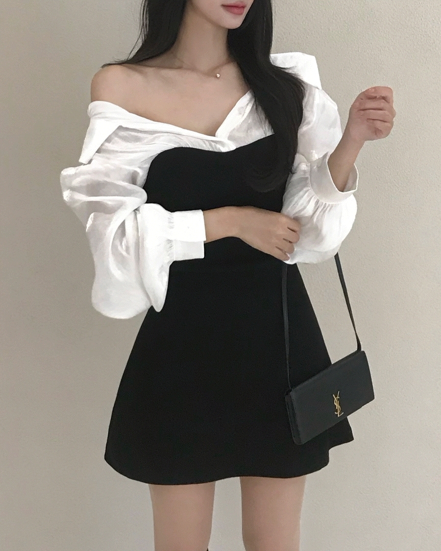 ウエストカット[*高級美/一体型] blanc satin shirt mini dress ブランサテン シャツ 配色 ミニ ワンピース 2color