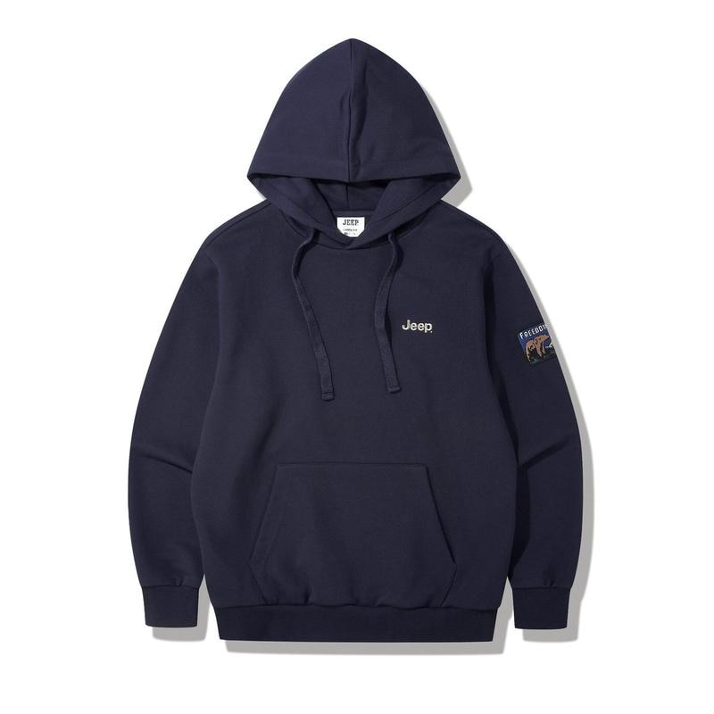 JQ4THU035 ネイビー 男女兼用 ロゴ フリーダム ベア ワッペン ルーズフィット フード付きTシャツ