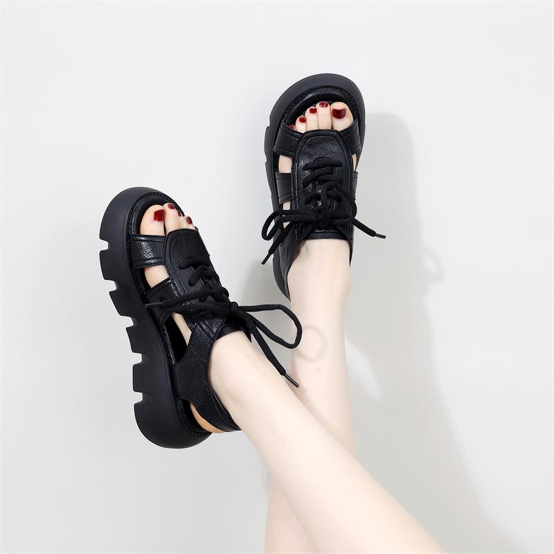 スポーツサンダル レディース ゴツめ 可愛い ローマ サンダル 厚底 韓国系 メンズライク かっこいい レザーサンダル ストラップ スポサン ビーサン 黒 ブラック ブラウン レースアップ マニ