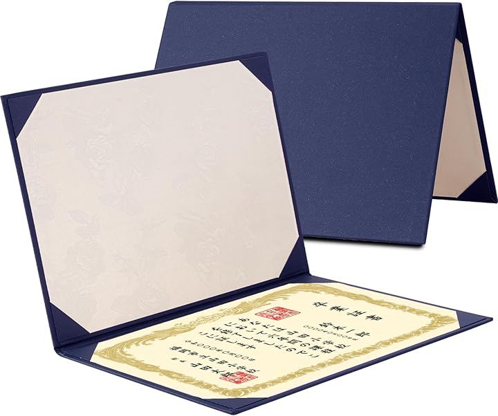 賞状ファイル 証書ファイル 縦横兼用 Certificate/Document Cover 二つ折り証書入れ 賞状入れ パッドなし コーナーリボン付き (ネイビー, 10冊セット)