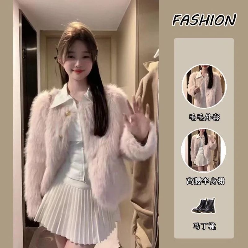 ハイエンドのカスタマイズ-秋冬レディース3点セット小柄さん向けの新しい韓国スタイル高級ファー付きショートコートにシャツとスカートを重ね着