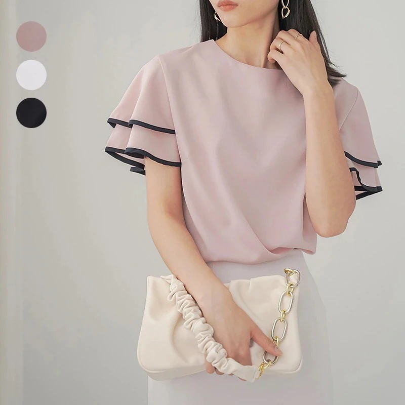 新商品の実写3色のハスの葉の袖のシフォンのシャツの女性の小さい清新な気質のしているきわめて簡単な風の女性のシャツ