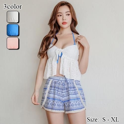 【グラシア】 水着 セット水着 レディース ビーチウェア スイムウェア 流行 海 プール キャミ ファッショナブル 体形カバー レース ブルー ホワイト ピンク S M L ×L セット水着