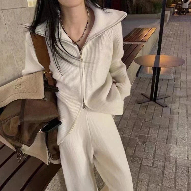 おしゃれセーターセット女性の秋冬ファスナー開襟ニットハイウエストワイドパンツ2点セットセットアップ