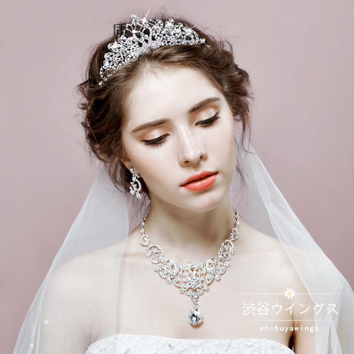 ヘッドドレス ウエディング ティアラ ネックレス ピアス イヤリング 3点セット 髪飾り 花嫁 パーティー 結婚式 アクセサリー 二次会 イベント 発表会 披露宴