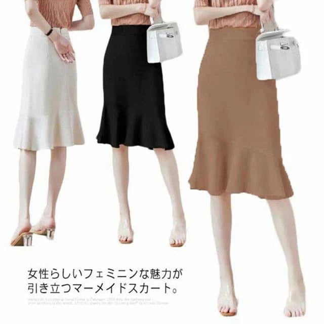 【送料無料】脚長 Aライン 着痩せ キレイめ お洒落 無地 タイト ハイウエスト フリル ひざ丈 マーメイドスカート レディース スカート