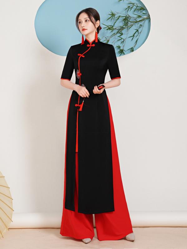 アオザイ チャイナドレス レディース スーツ パフォーマンス 衣装 ロング エレガント ズボン ティー ストレート ブラック レッド ブルー 6,810円