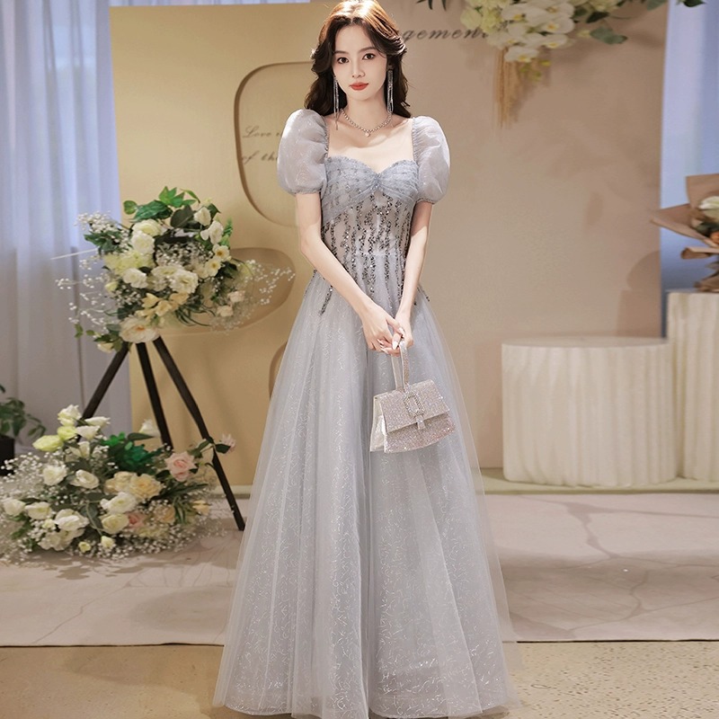 パーティードレス ナイトドレス レディース グレー プリンセス 上品 ロング丈 綺麗 高級感 韓国風 フォーマル ウェディングドレス ワンピース 二次会 高校生 卒業式 結婚式 成人式 演奏会