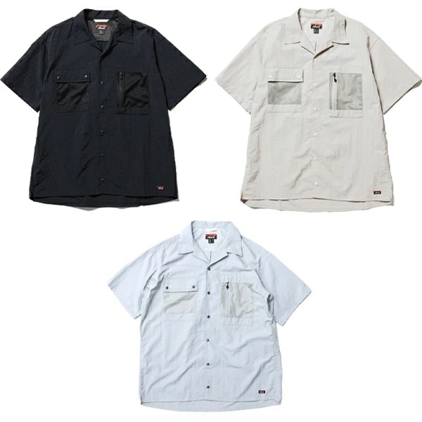 ナイロンタッサー オープンカラーシャツ 半袖シャツ アウトドア ブラック アイボリー グレー