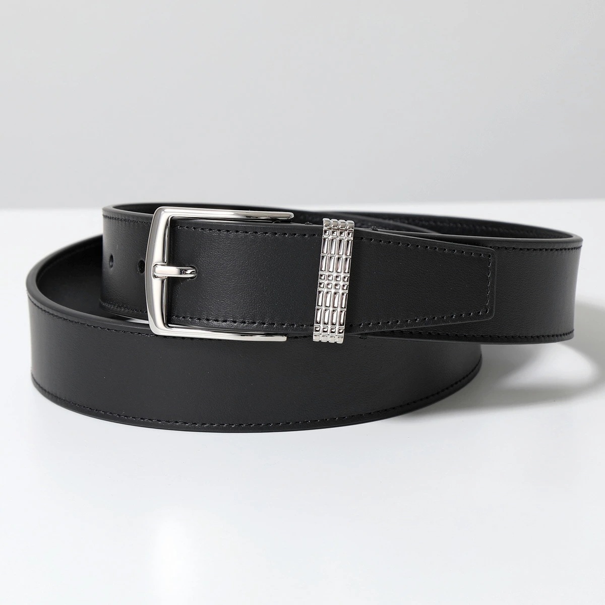 BURBERRY バーバリー ベルト MB CHECK PIN BELT 35MM LGL 8065984 メンズ レザー スクエアバックル A1189/BLACK-SILVER