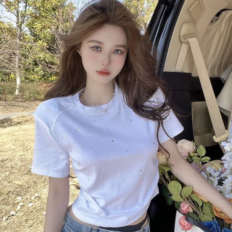 トップス レディース シャツ Tシャツ 白シャツ 白トップス プルオーバー クロップド クロップド丈 ラウンドネック Uネック 半袖 スリム 細身 薄手 かわいい 大人可愛い きれいめ シンプル