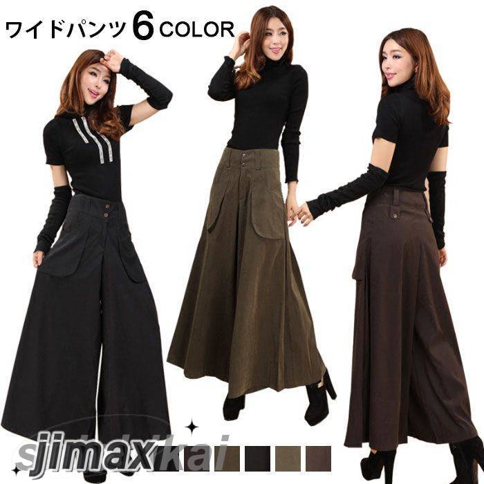 ガウチョパンツ レディース ワイドパンツ フレアパンツ ロングパンツ ゆるパンツ 無地パンツ ポケット付き ハイウエスト ふんわり 広め ゆったり お洒落 スタイリッシュ 脚長 着痩せ 痩せ見え ボト