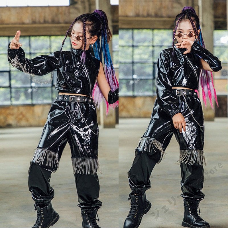 キッズダンス衣装 ヒップホップ 子供用 ロングパンツ PUジャケット ブラック K-POP 演出服